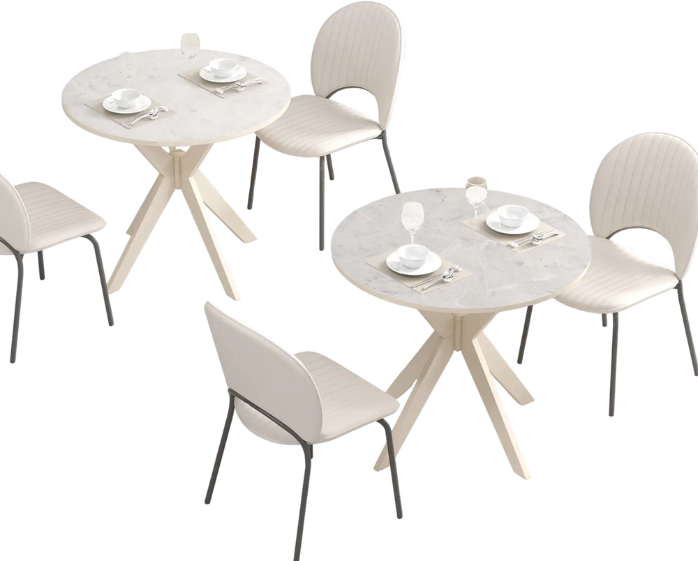 Mid-century modern kitchen table with faux marble top and solid rubber wood legs, ideal for dining or leisure.