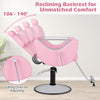 Reclining pink salon chair with adjustable backrest from 106° to 140°, designed for hairstylists and client comfort.