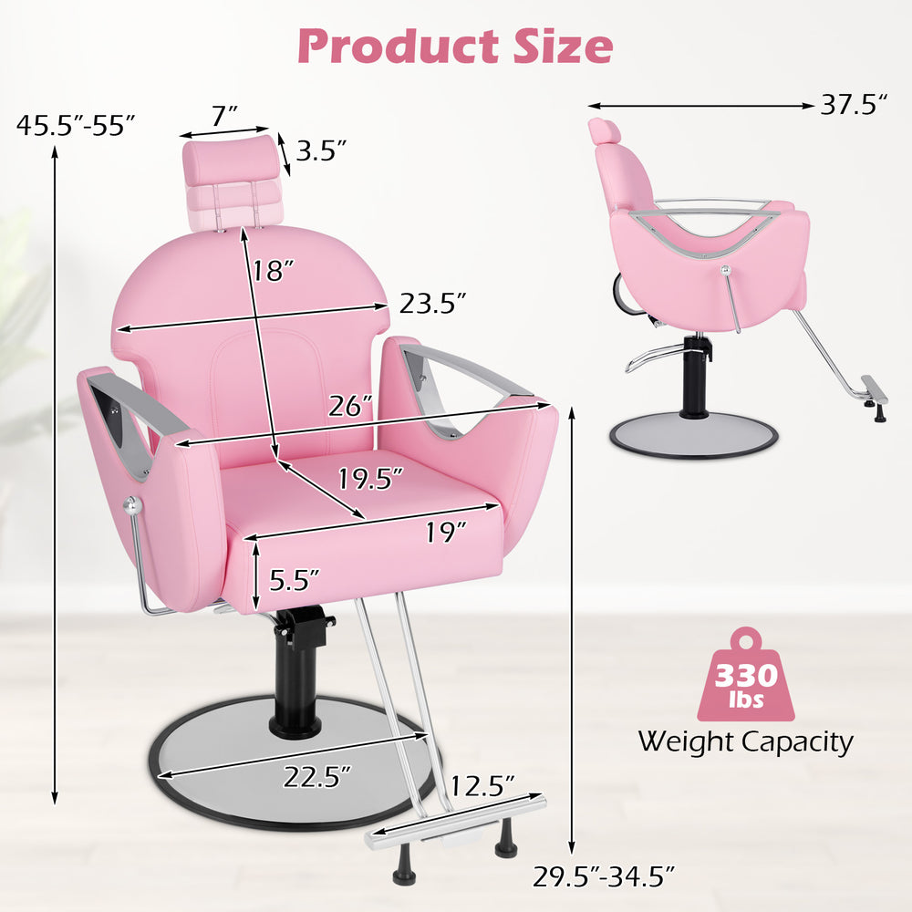 Pink 360° swivel reclining salon chair dimensions with adjustable height and sturdy metal base for hairstyling comfort.