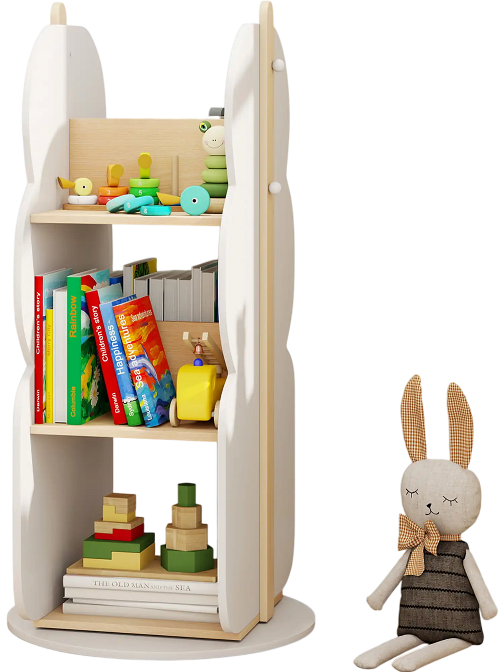 Kid's 360° rotating bookshelf in white with 5 shelves for organized toy storage, perfect for a child's room or play.