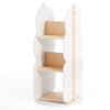 360° rotating kid's bookshelf organizer in white with 5 shelves, designed for easy access and compact storage.