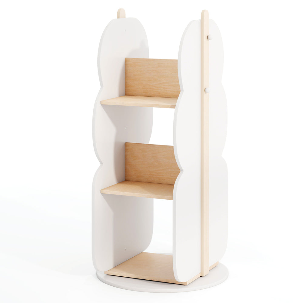 360° rotating kid's bookshelf organizer in white with 5 shelves, designed for easy access and compact storage.