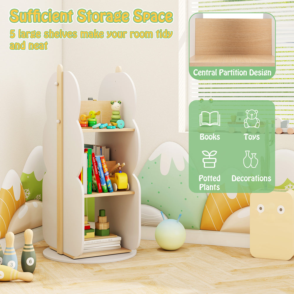 360° rotating kid's bookshelf in white with 5 shelves for toys and books, designed for easy access and tidy storage.