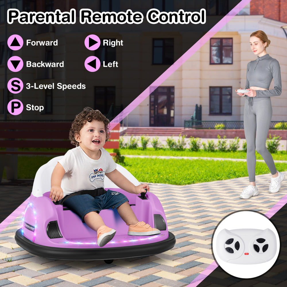 Pink 12V ride-on bumper car for toddlers with remote control, featuring safety belt, colorful lights, and 3-speed.