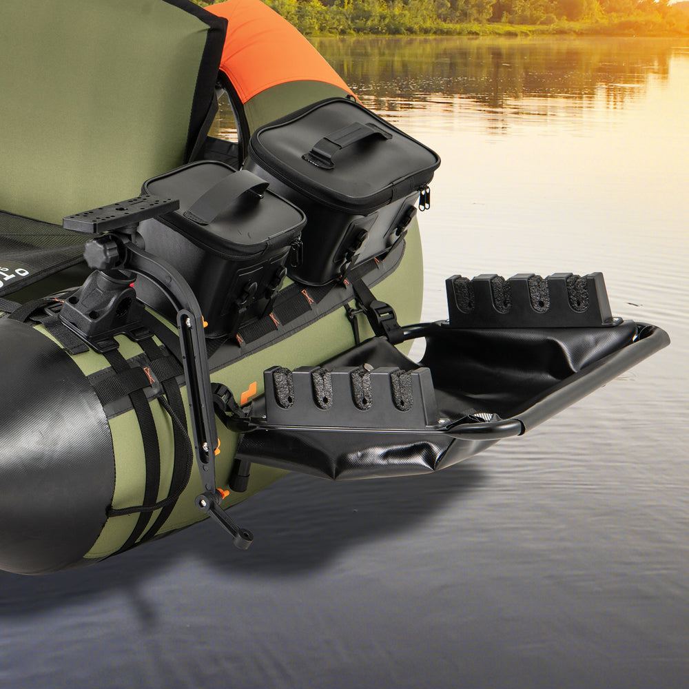 360° rotatable fishing boat accessory set showing rod rack and storage basket, designed for inflatable boats and kayaks.