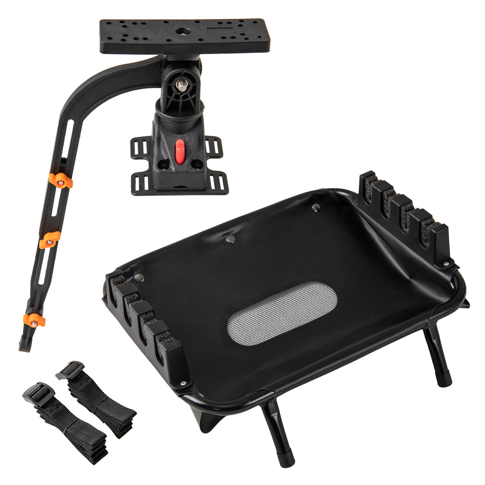 360° rotatable fishing boat accessory set with mounting bracket, rod rack, and waterproof storage basket for gear.