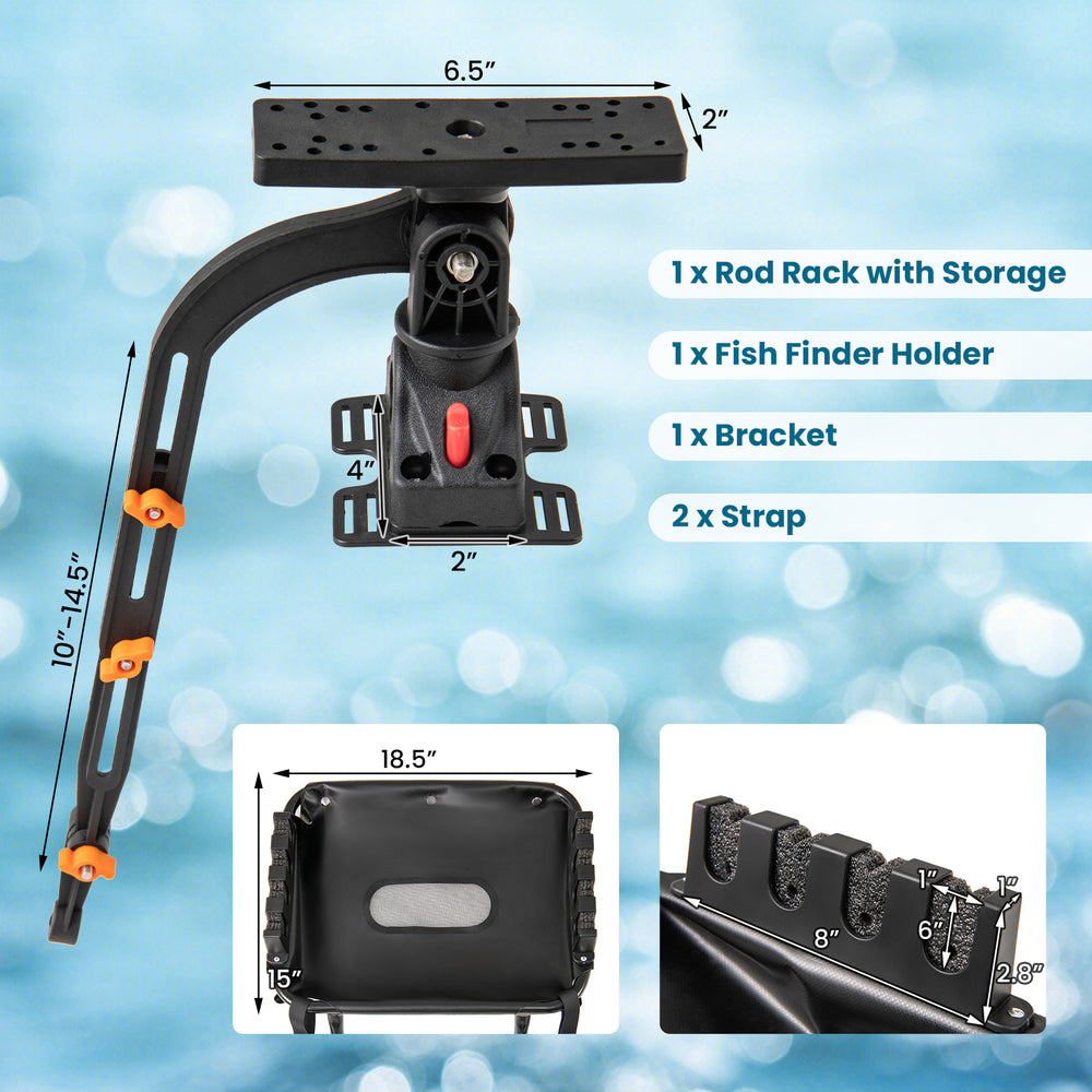 360° rotatable fishing boat accessory set with rod rack, fish finder holder, and waterproof storage basket for gear.