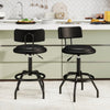 Set of 2 black 360° swivel counter height barstools with padded seats and backrest, ideal for kitchen or bar use.