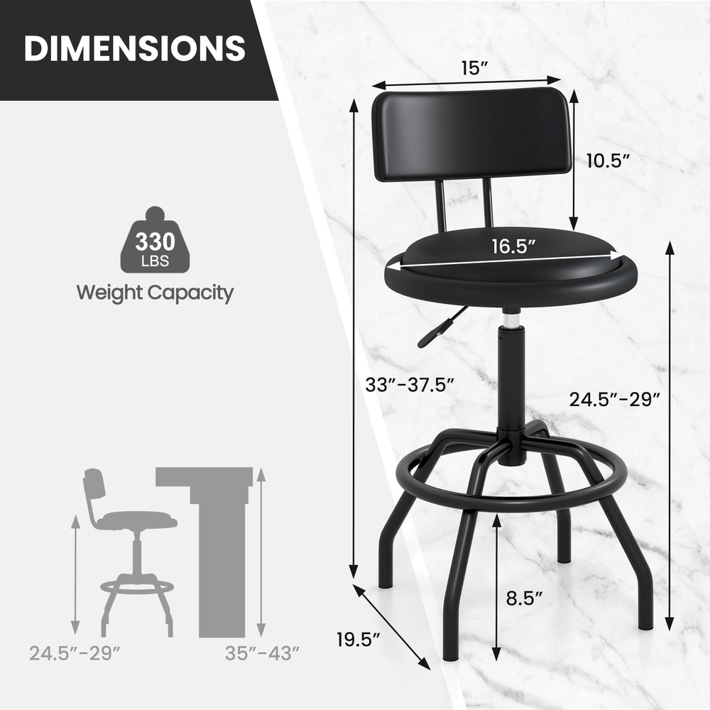 Counter height barstool with padded seat, 360° swivel, and adjustable height, suitable for kitchen or bar tables.