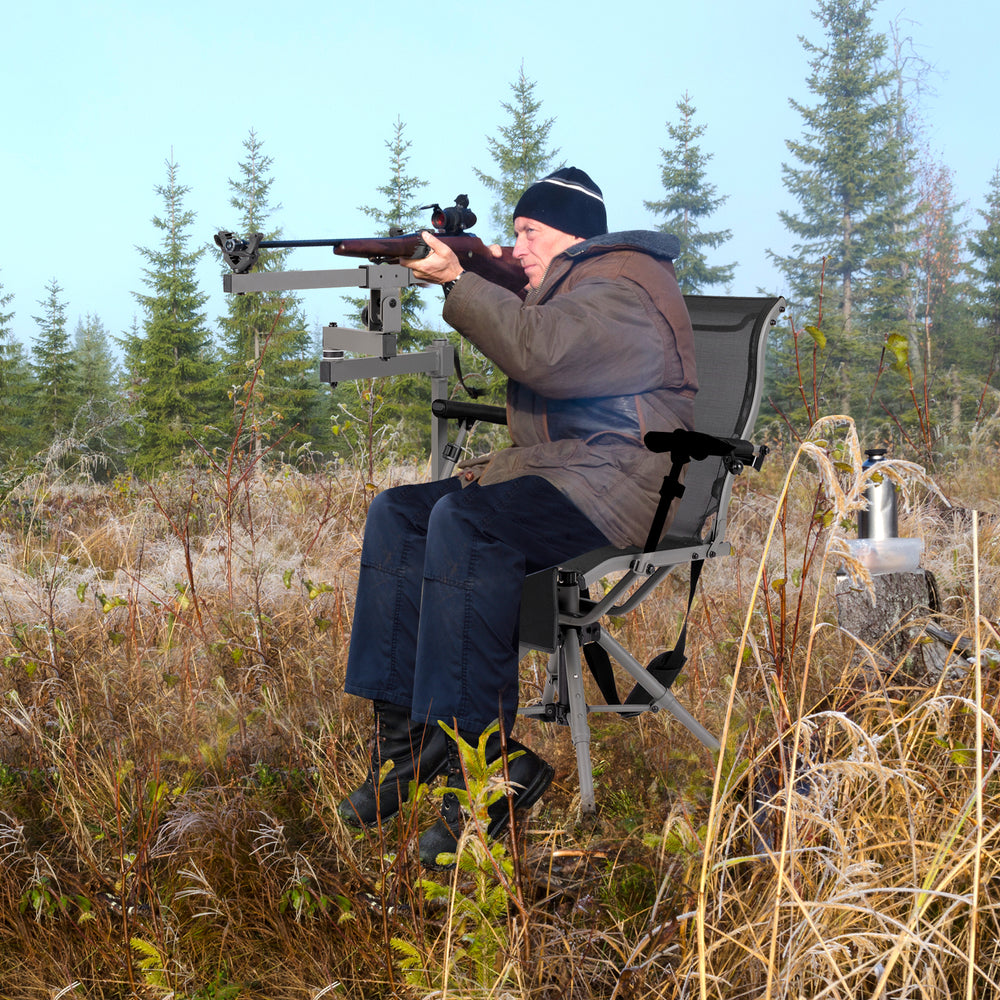 360° swivel portable hunting chair with adjustable legs and armrests, designed for comfort and stability in outdoor.