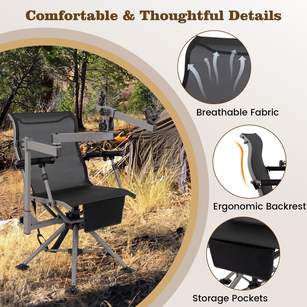 360° swivel portable hunting chair in black with adjustable armrests and ergonomic backrest for comfort during outdoor.