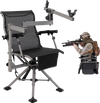 360° swivel portable hunting chair in black with adjustable legs, armrests, and gun holder for outdoor activities.