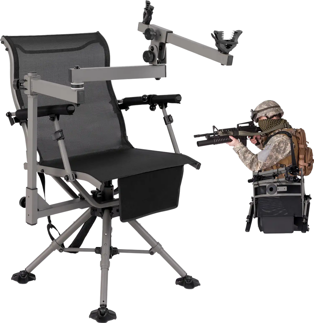 360° swivel portable hunting chair in black with adjustable legs, armrests, and gun holder for outdoor activities.