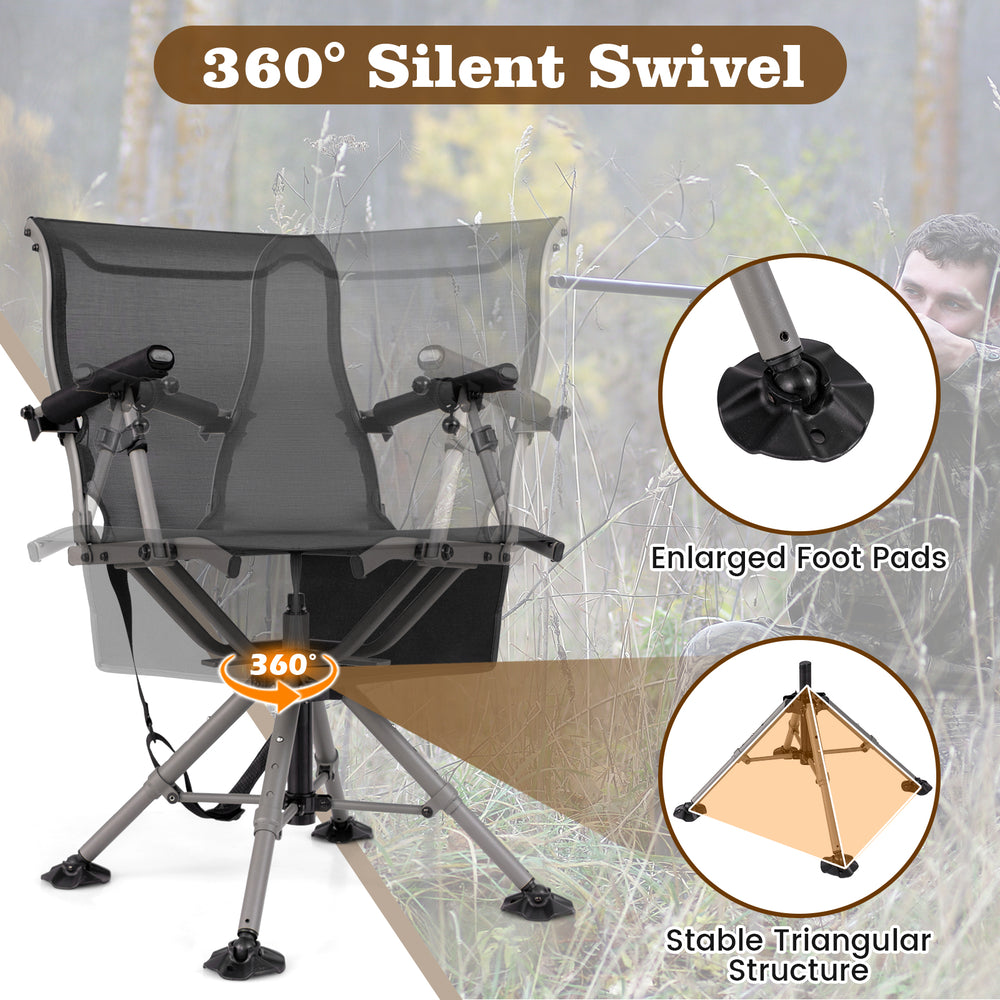 360° swivel portable hunting chair in black with adjustable legs and armrests, ideal for hunting and outdoor activities.