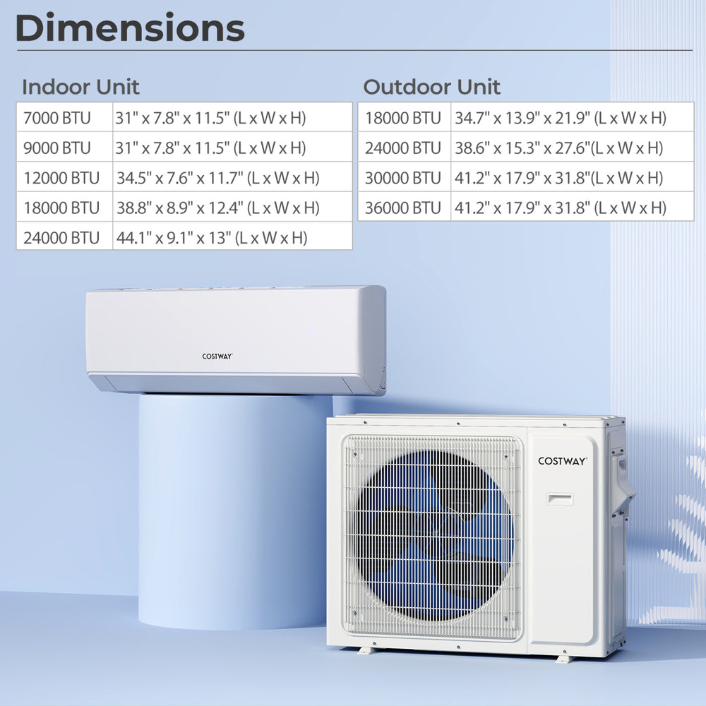 Dimensions chart for 36000 BTU 3 Zone Mini Split Air Conditioner with Wifi, showcasing indoor and outdoor unit sizes.