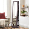 Full-length mirror jewelry cabinet in dark brown with 360° rotation, lockable design, and ample storage for accessories.