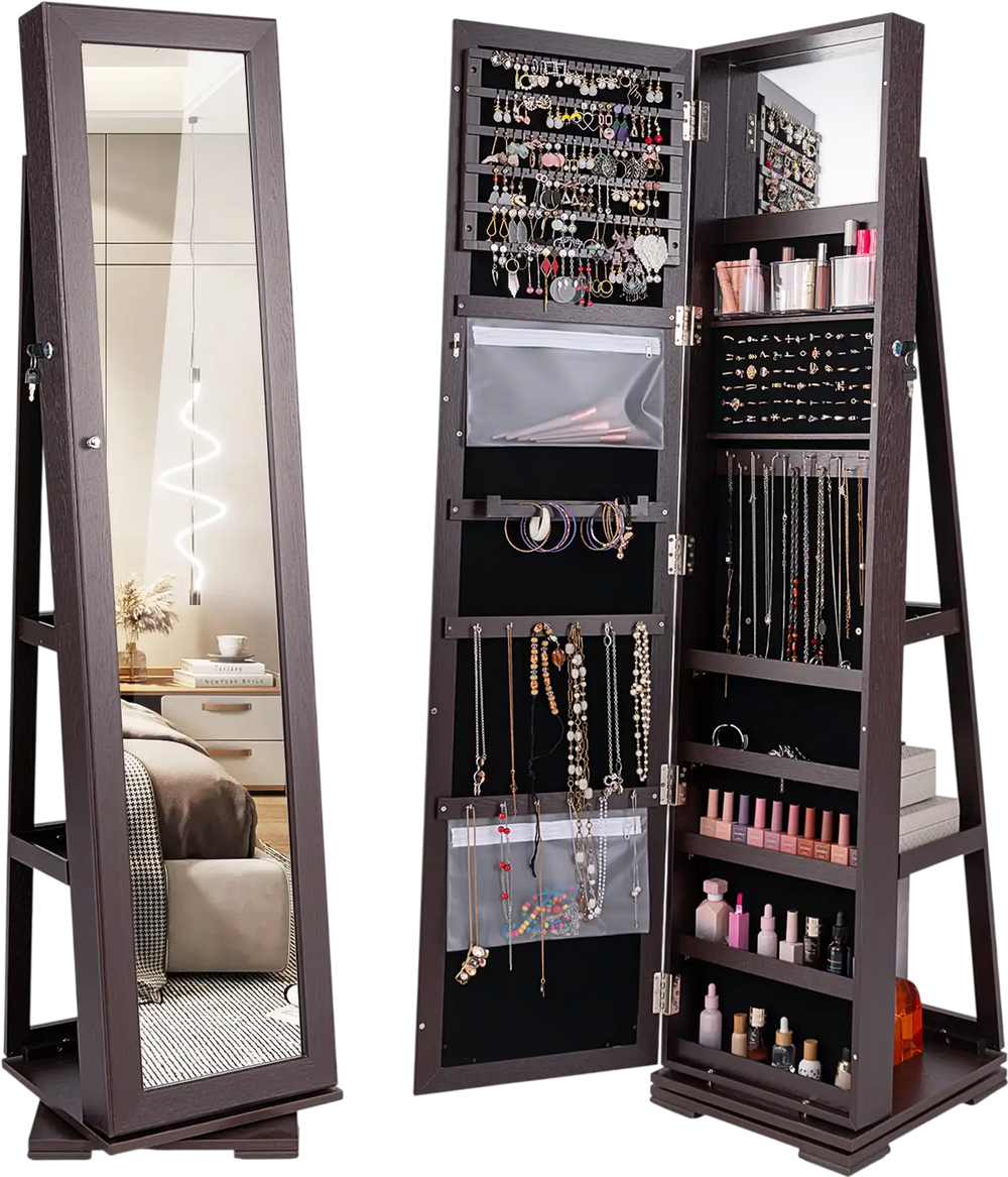 360° rotatable dark brown jewelry cabinet with full-length mirror, lockable design, and ample storage for accessories.