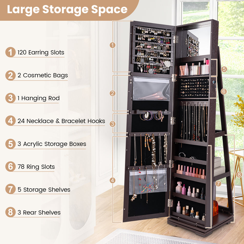 360° rotatable dark brown jewelry cabinet with full-length mirror, 120 earring slots, and 5 storage shelves for.