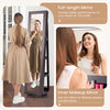 Full-length mirror with 360° rotating jewelry cabinet in dark brown, featuring lockable design and ample storage for.