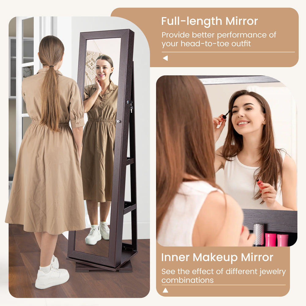 Full-length mirror with 360° rotating jewelry cabinet in dark brown, featuring lockable design and ample storage for.