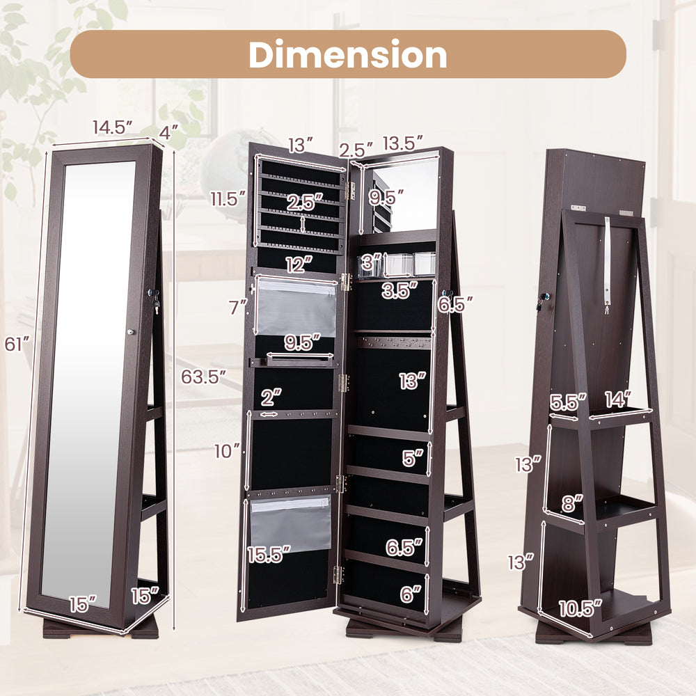360° rotatable dark brown jewelry cabinet with full-length mirror, featuring 30 hooks and 5 shelves for organized.