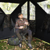 360-degree silent swivel hunting chair in black with adjustable armrests, perfect for camping and outdoor activities.