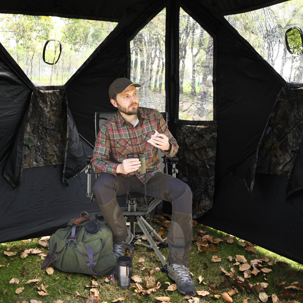 360-degree silent swivel hunting chair in black with adjustable armrests, perfect for camping and outdoor activities.