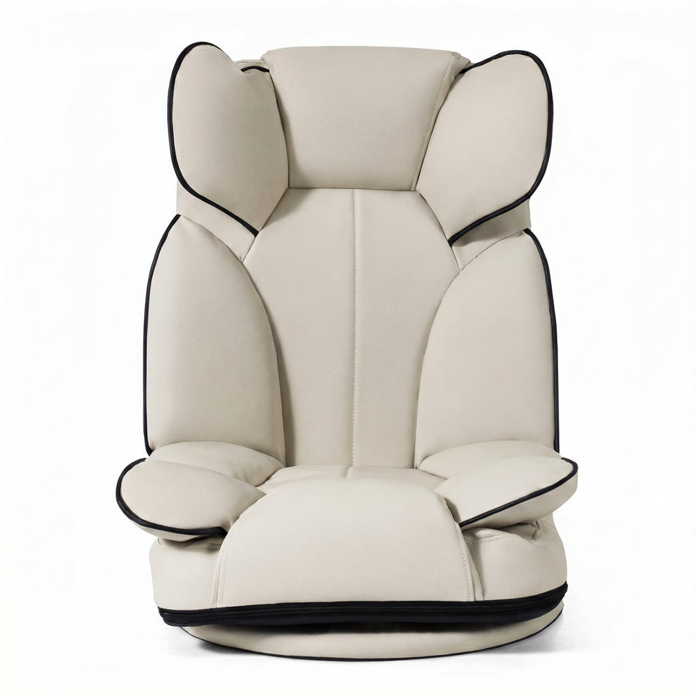 360-degree swivel floor gaming chair in cream PU leather with adjustable backrest for gaming, reading, and relaxing.