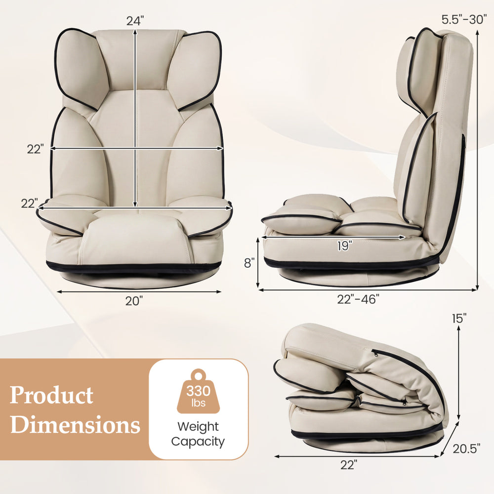 360-degree swivel floor gaming chair with adjustable backrest, PU leather, and sponge filling for comfort and support.