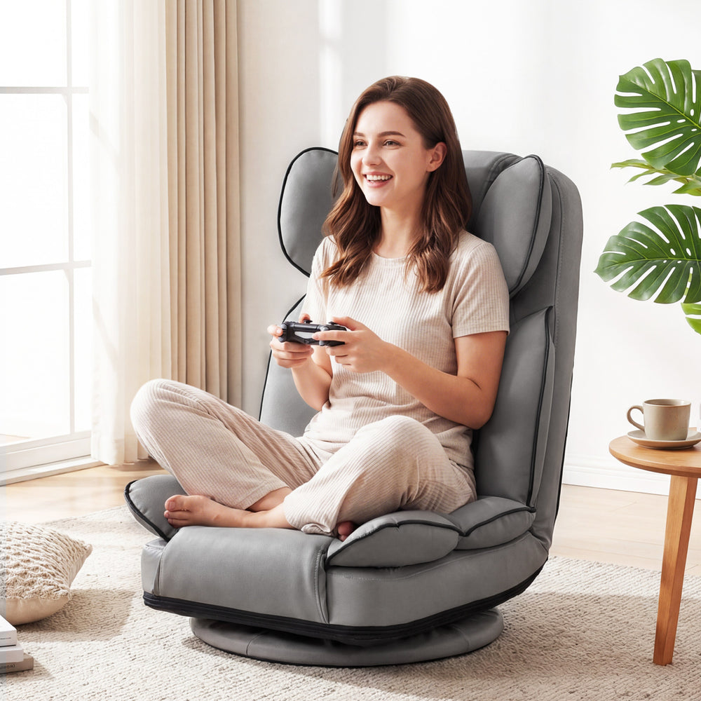 360 Degree Swivel Floor Gaming Chair with 6-Position Adjustable Backrest and Sponge Filling-Gray - Gallery View 1 of 11