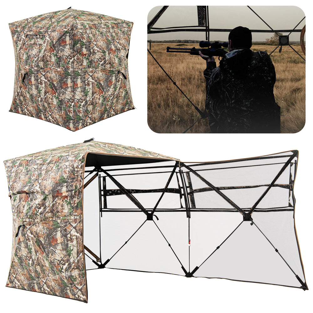 360° one-way see-through hunting blind with camouflage pattern, featuring multiple windows and portable carrying bag.