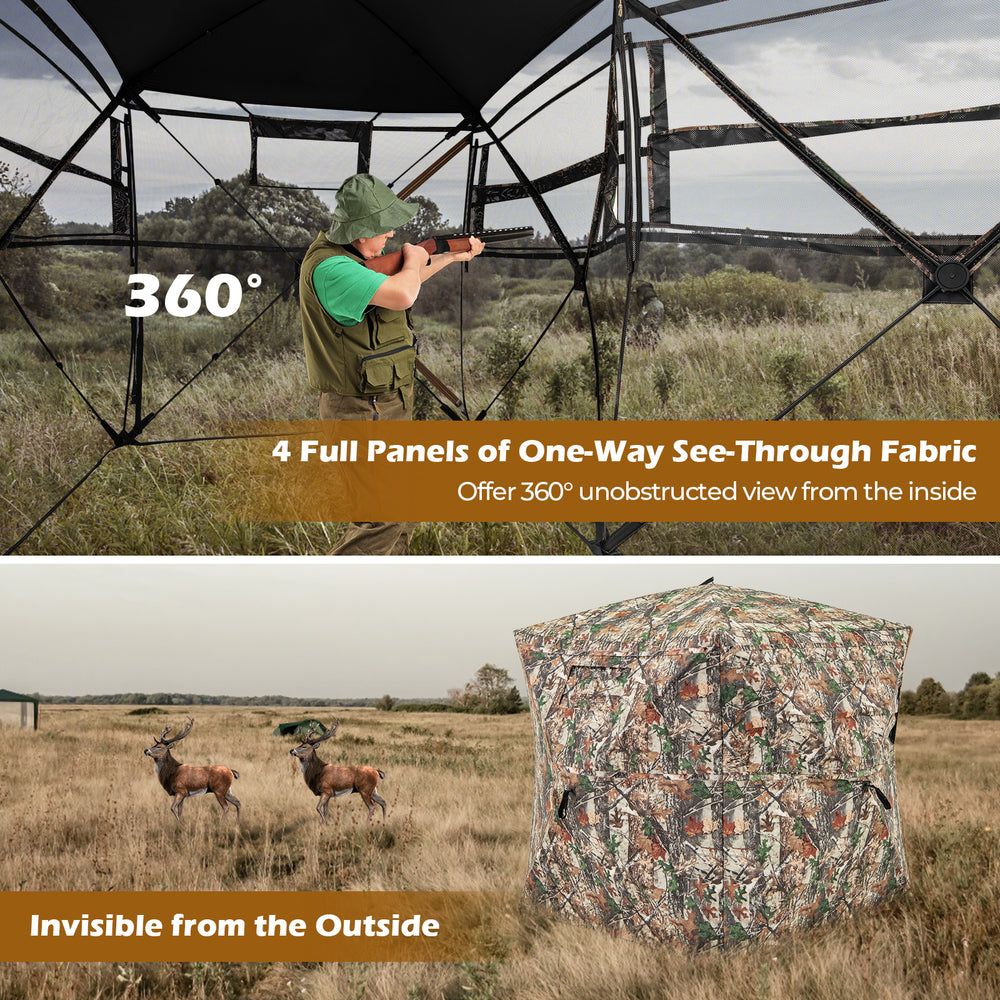360° one-way see-through hunting blind with camouflage patterns, featuring 4 panels and portable carrying bag for easy.