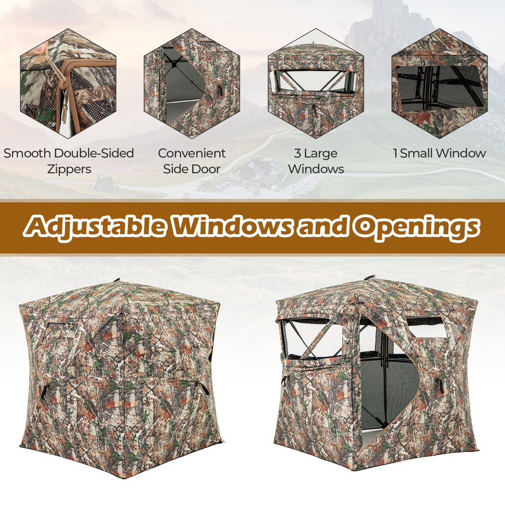 360° one-way see-through hunting blind with camouflage pattern, featuring 3 large windows and a convenient side door.