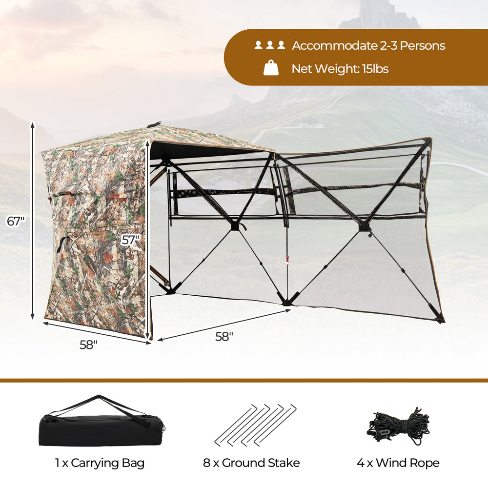 360° one-way see-through hunting blind with camouflage pattern, portable carrying bag, and sturdy stakes for stability.