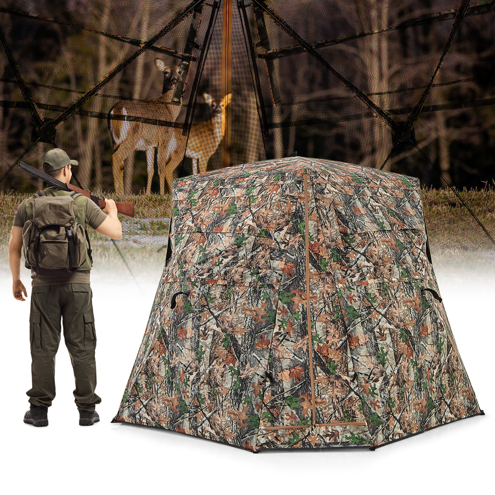 360° one-way see-through hunting blind with camouflage pattern, featuring 4 sliding windows for deer and turkey hunting.