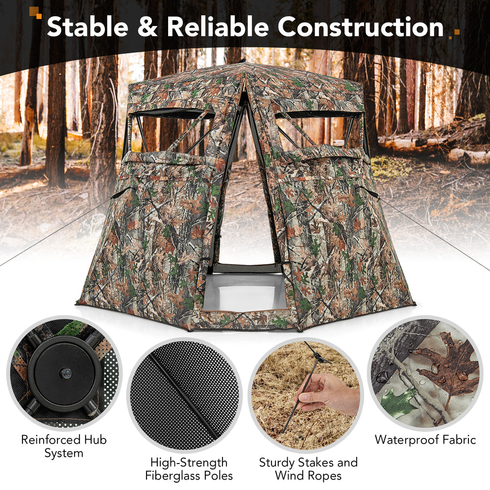 360° one-way see-through hunting blind with camouflage, reinforced hub, and sturdy stakes for deer and turkey hunting.
