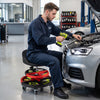 360° rolling mechanic stool with adjustable height, padded seat, and two removable tool storage trays for convenient use.