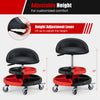 Mechanic stool with a height adjustment lever, soft padded seat, and two tool storage trays for versatile use in red.
