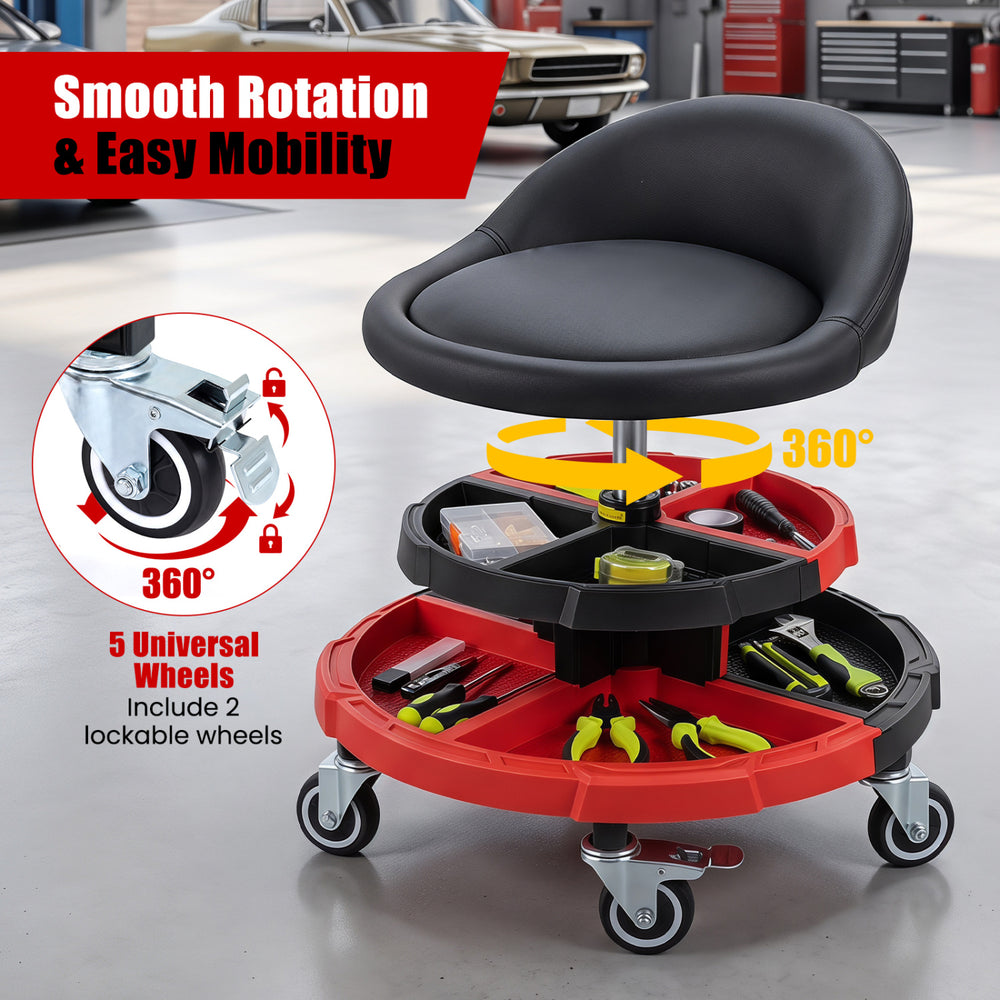360° rolling mechanic stool in red with adjustable height, padded seat, and two removable tool storage trays for convenience.