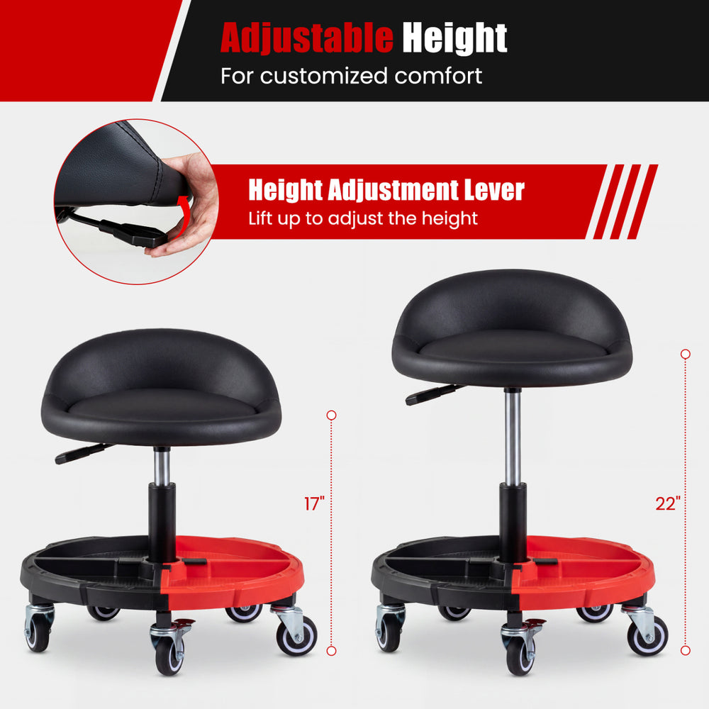 Height adjustment lever on the 360° rolling mechanic stool allows for easy height customization from 17" to 22".