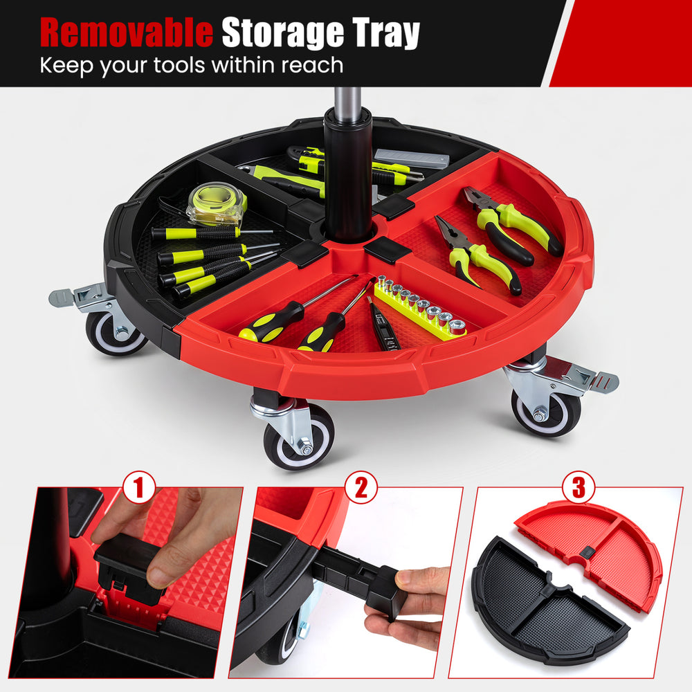 Removable tool storage tray for the 360° rolling mechanic stool, featuring compartments for organized tool access.