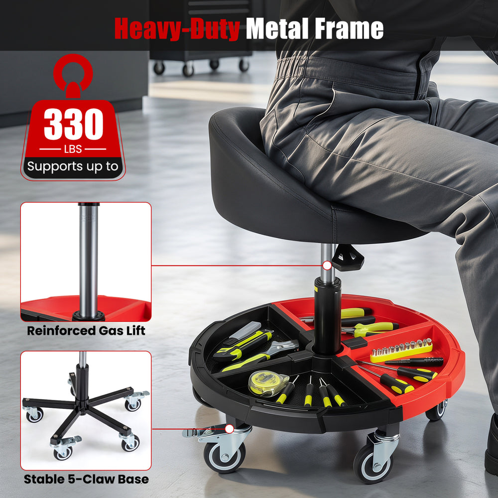 360° rolling mechanic stool with adjustable height, padded seat, and tool storage tray in red for versatile use.