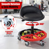 360° rolling mechanic stool in red with adjustable height, padded seat, and removable tool storage tray for convenience.
