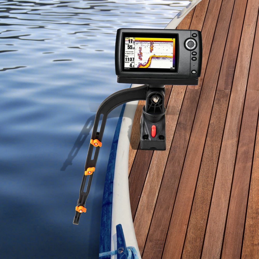 360° rotatable fish finder holder with mounting bracket and rod rack, designed for inflatable boats and kayaks.