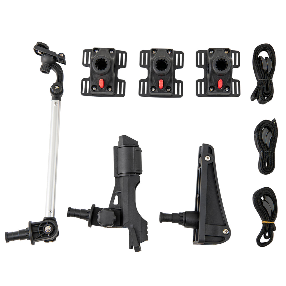 360° rotatable GoPro mount, fishing rod holder, and oar holder set for kayaks and inflatable fishing boats.