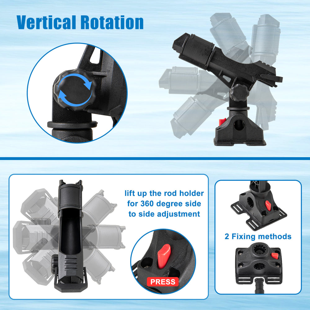 360° rotatable fishing rod holder with adjustable GoPro mount for versatile camera angles on kayaks and boats.