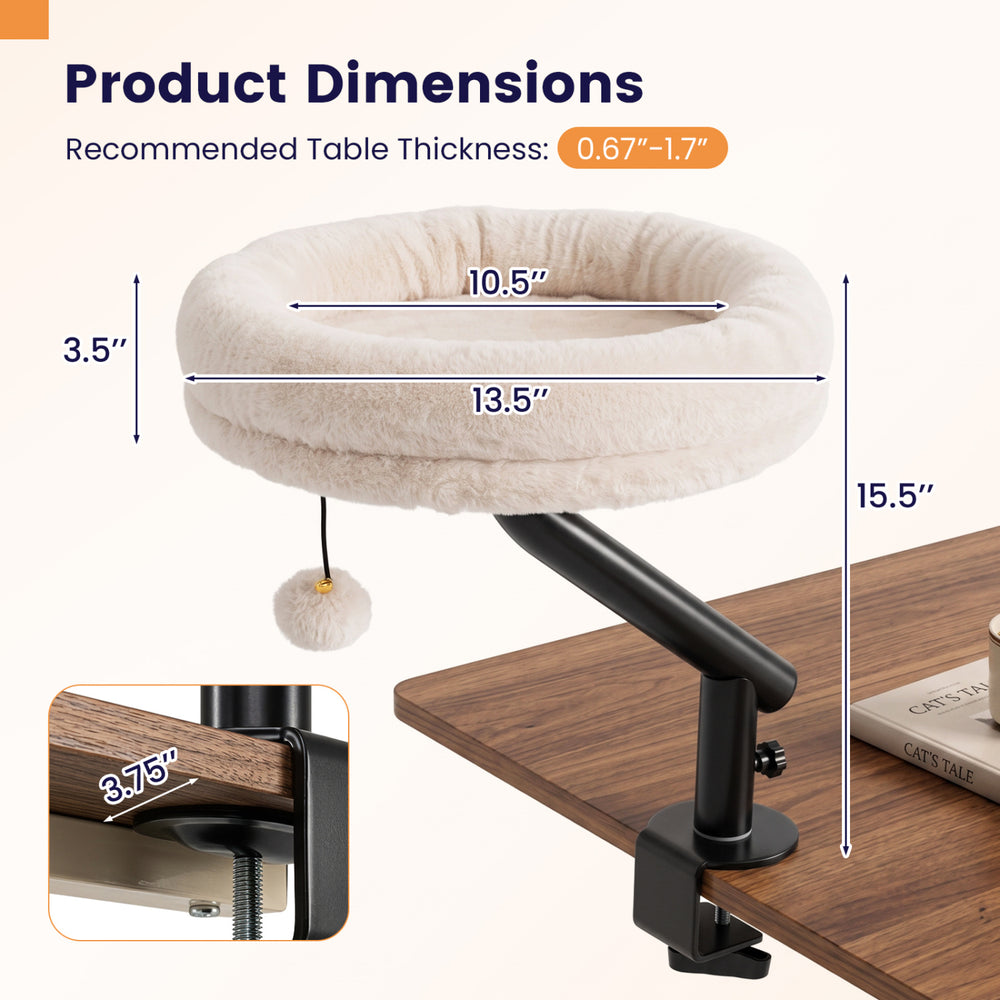 360° rotating cat desk bed with removable perch, fluffy fabric cover, and clamp mount for indoor cats up to 55 lbs.