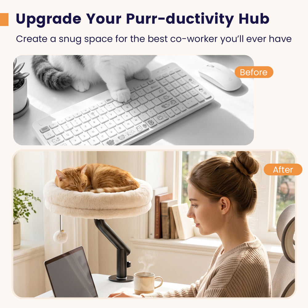 Cozy 360° rotating cat desk bed in white, designed for indoor cats to nap above keyboards while saving desk space.