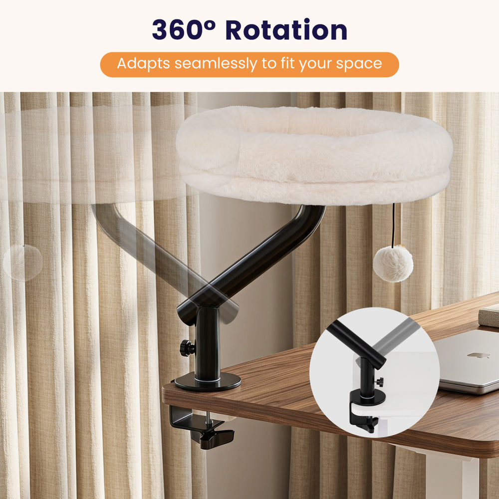 360° rotating cat desk bed with removable perch, padded white fabric, and clamp mount for indoor cats up to 55 lbs.