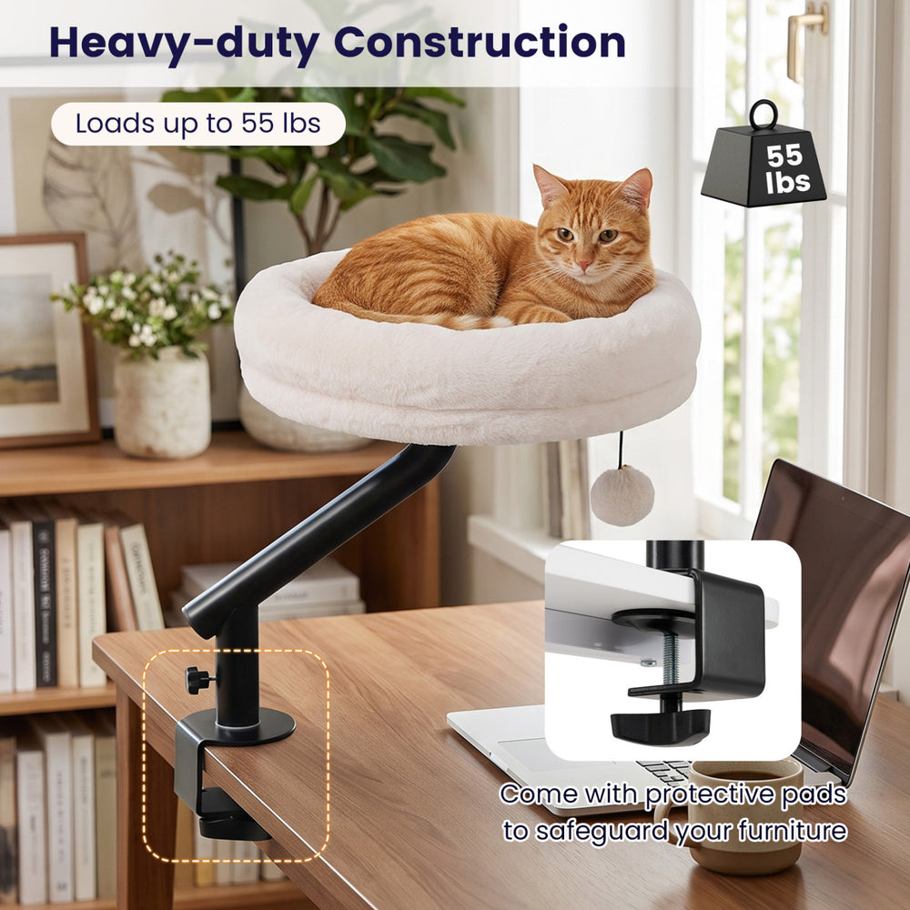 360° rotating cat desk bed in white with removable perch, supporting pets up to 55 lbs for cozy indoor naps.